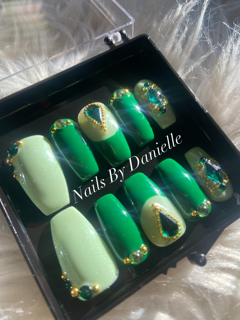 Green Nails with Gold and Bling