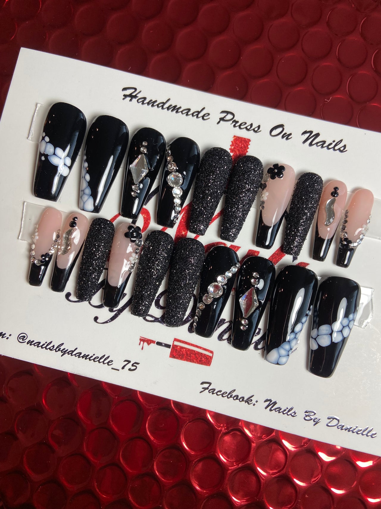 Black Long Coffin Nails with Bling and Glitter Accents