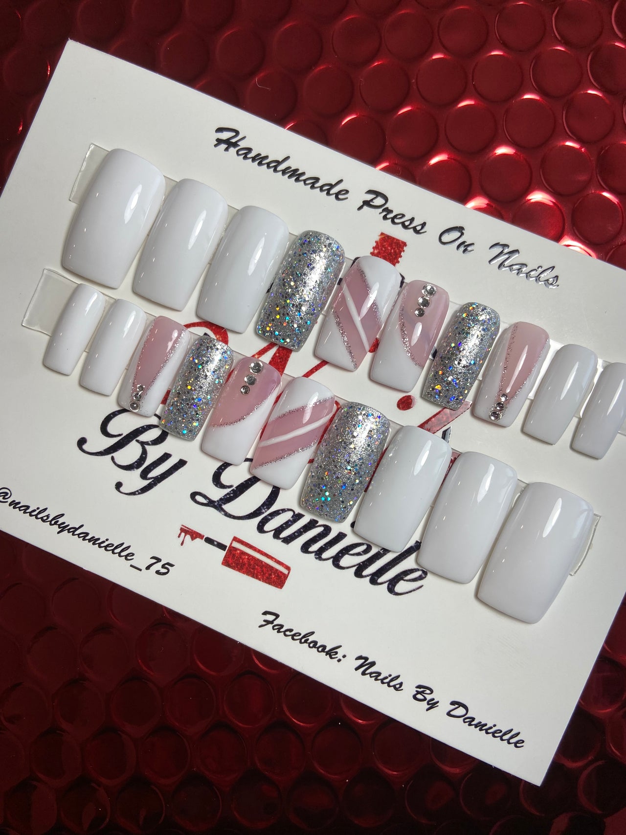 White Square Nails with Glitter and Bling