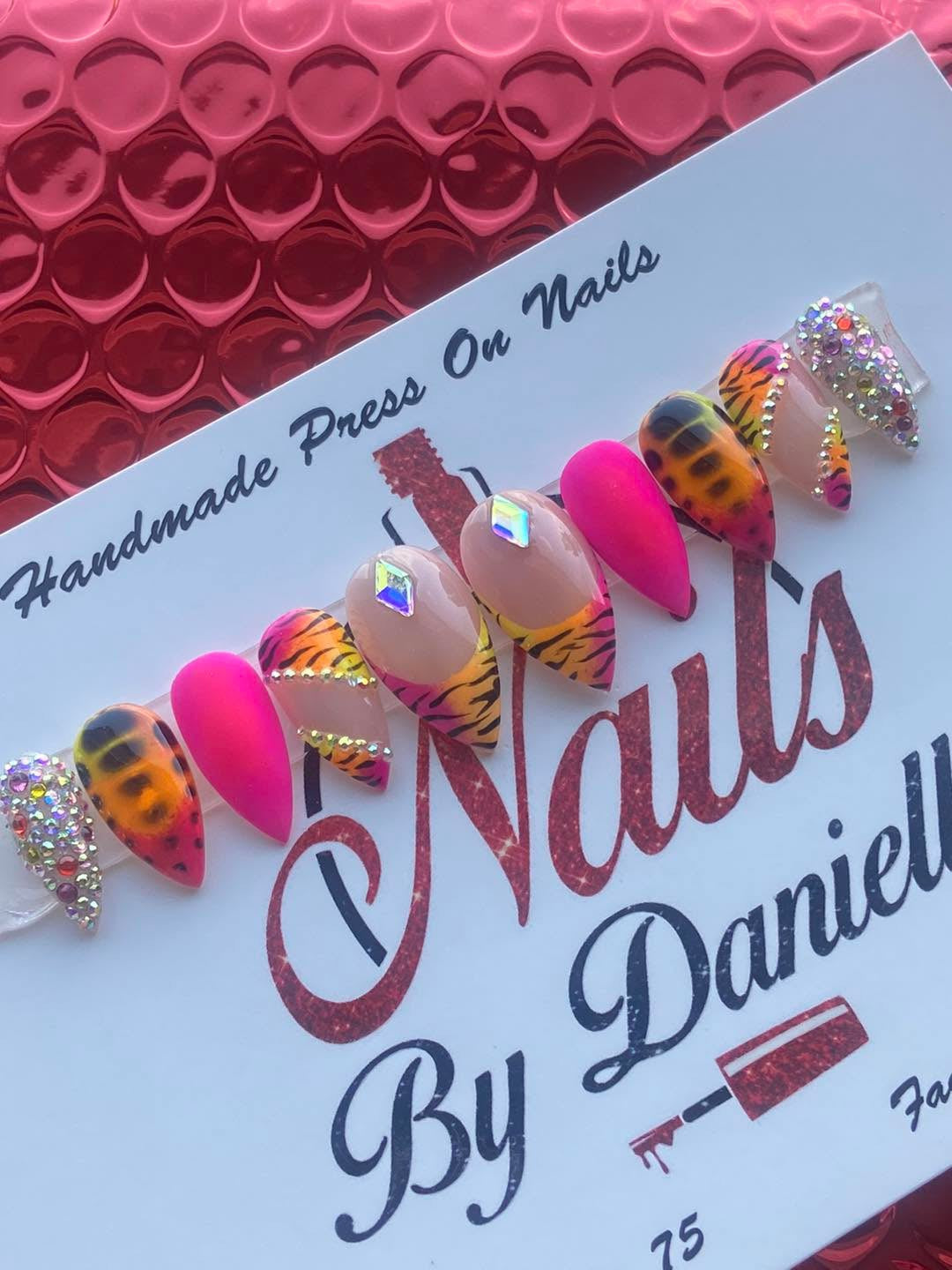 Colorful Nails with animal print and bling
